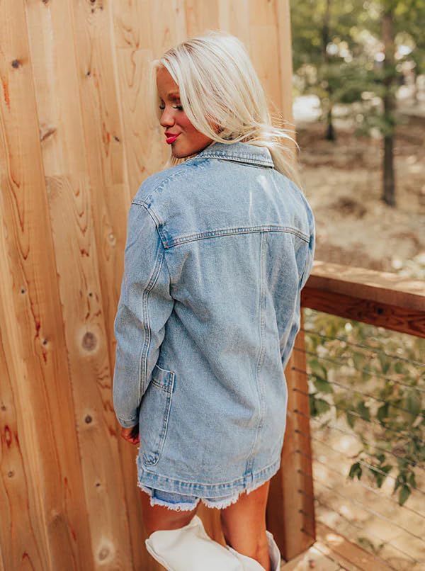 Women's Oversized Non-Stretch Denim Blazers Notched Lapel Jean Shacket Coat Cover Ups - Image 3