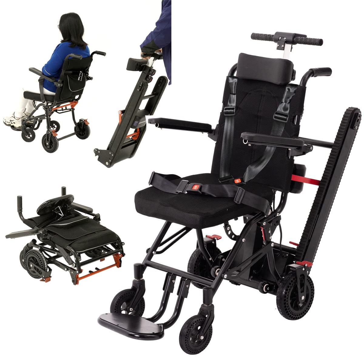 Elektrischer Treppenlift + manueller Rollstuhl 2 in 1, Leichter Faltbarer elektrischer treppensteiger-Wagen, Rahmen aus Kohlenstoffstahl, 200-W-Motor, 13-A-Batterie und Belastung von 330 Pfund