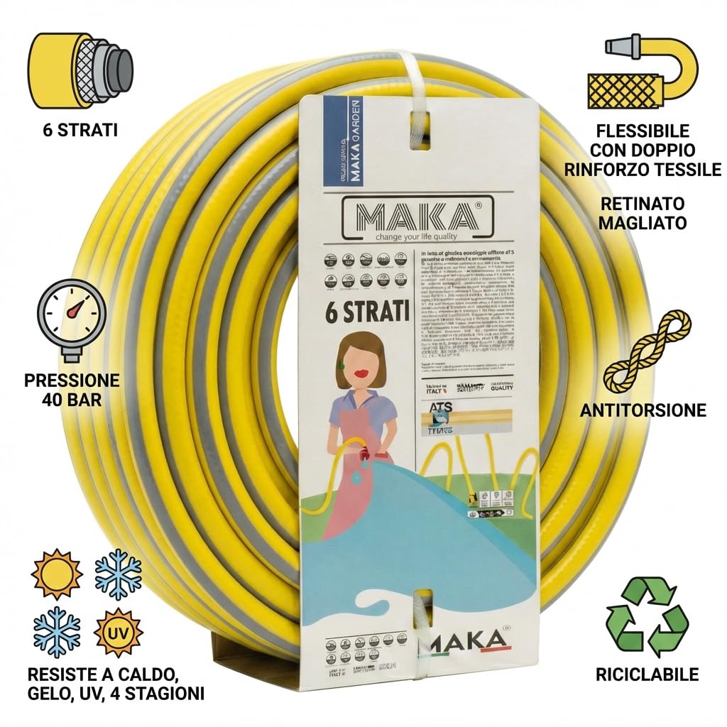 MAKA Tubo Acqua Giardino 3/4 Pollice 50 metri 6 Strati 19mm Pressione 40 Bar Flessibile con Doppio Rinforzo Tessile Retinato Magliato Antitorsione Resiste a Caldo Gelo UV 4 Stagioni Riciclabile (50)