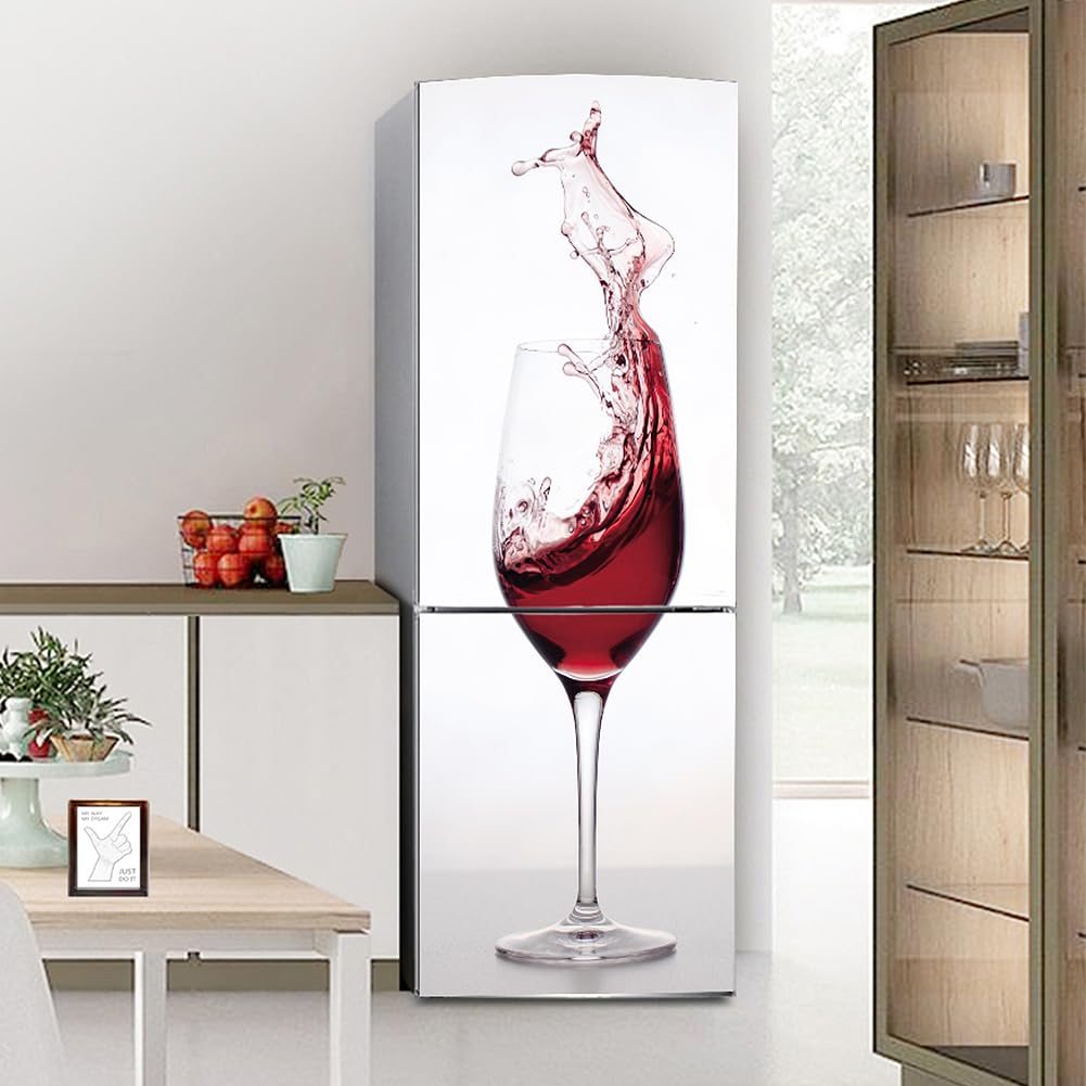 Fridge Sticker, Fridge Sticker Full Covering Door Covers Skins Wall Stickers for Kitchen Decal, Shaking Wine Glass red and White(M: 60x180 cm)