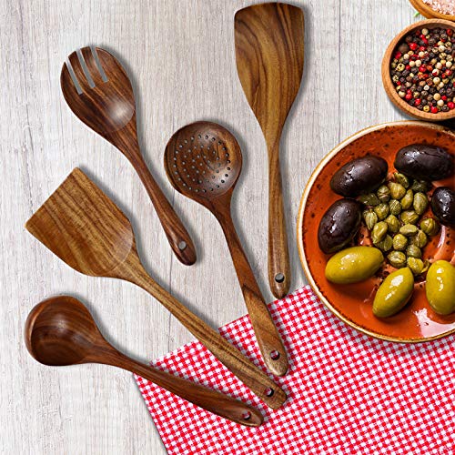 Wooden Utensils Set for Cooking, Chrider Wooden Kitchen Utensils Set for Nonstick Cookware, Wooden Cooking Spoons and Wooden Cooking Salad Fork by Natural - Thumbnail 2
