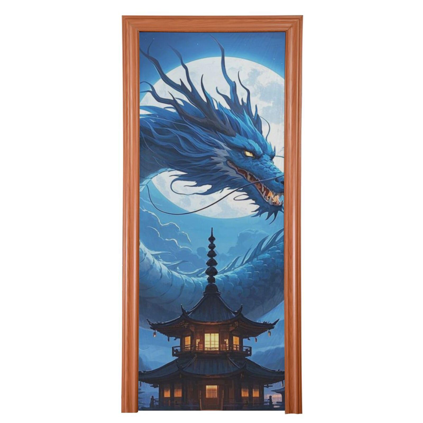 Couvre-porte de salle de classe dragon chinois bleu lune 89 x 200 cm pour décoration murale