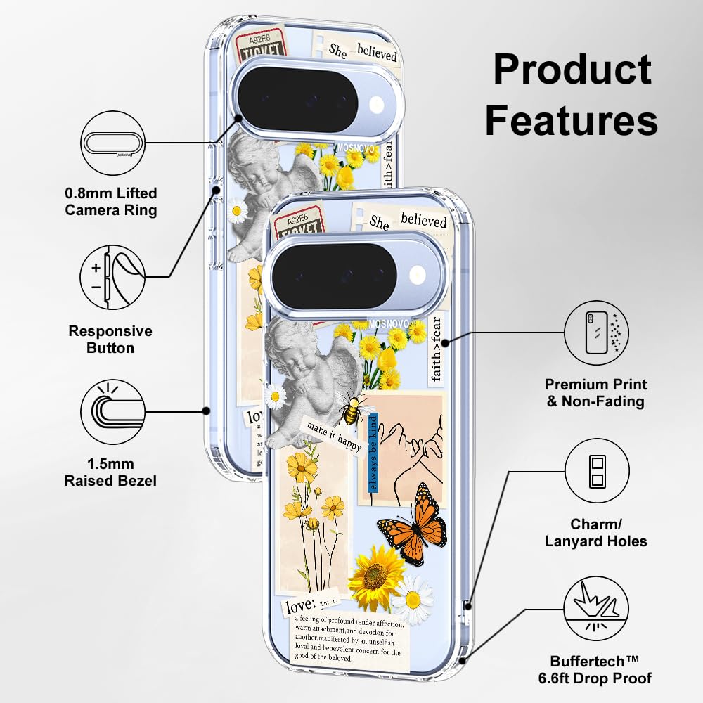 MOSNOVO Case for Google Pixel 10 & Pixel 10 Pro, [Buffertech 6.6ft Military-Grade Drop Protection] [Anti Peel Off Tech] Clear TPU Bumper Phone Case Cover Design - Cute Cherry — view 40