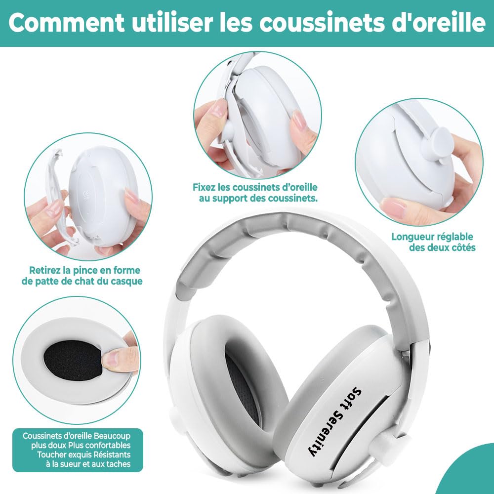 Casque Anti Bruit Bébé 2-en-1 avec Étui de Transport, Protection Auditive pour Bébés, Casque Avion Bébés et Enfants jusqu'à 4 ans, Parfait pour Sommeil, Voyages et Festivals, Certifié CE