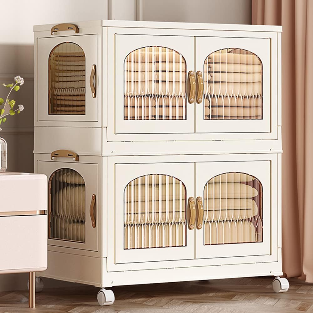 XIYAO Contenedores de almacenamiento plegables de plástico con tapa, caja de almacenamiento plegable con puerta y rueda, organizador de armario de armario, almacenamiento de juguetes, contenedor de almacenamiento de plástico plegable, caja para almacenamiento de libros, dormitorio, sala de estar, cocina, oficina, color blanco, 17 galones x 2 Guatemala