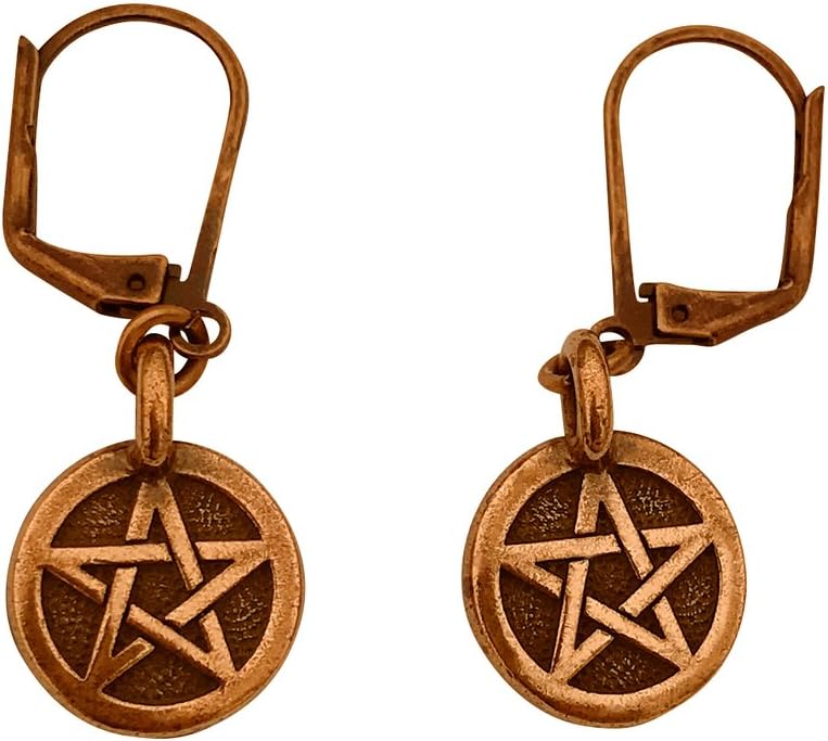 DragonWeave Pentagram Circle Charm Necklace & Earring Set, Antique Copper Brown Leather Adjustable
