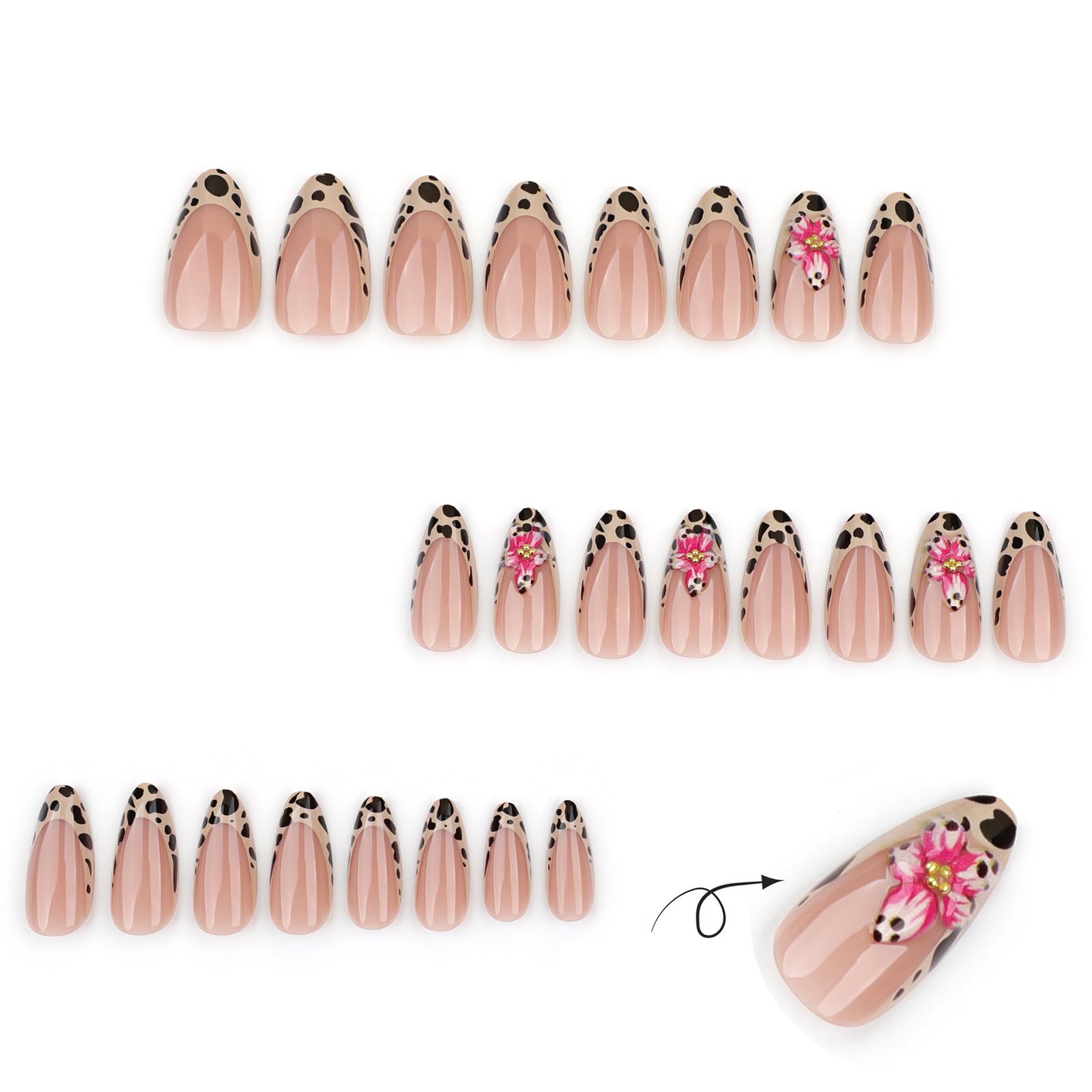 Unghie finte a mandorla corta a pressione sulle unghie finte floreali leopardi francesi unghie acriliche set unghie alla moda decorazione per le donne