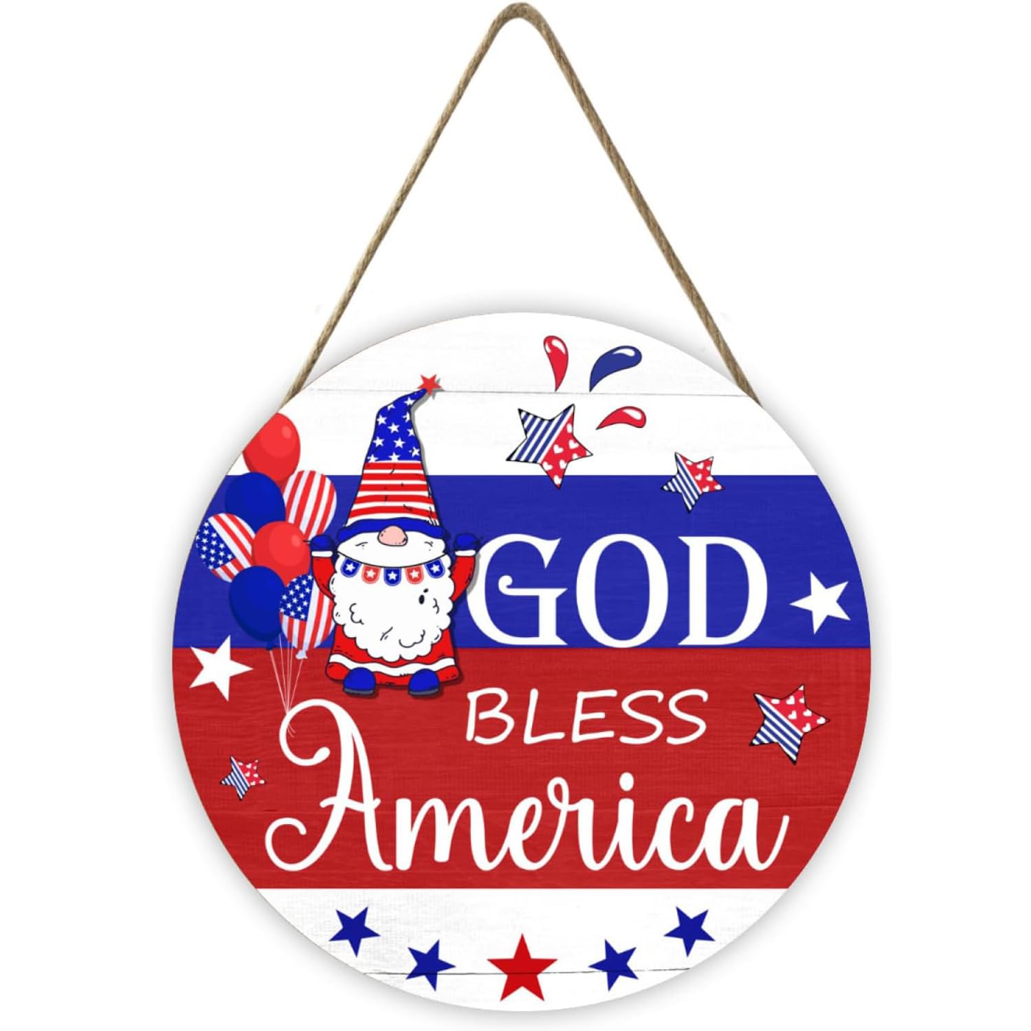 4th of July Wreaths,SWEKKE Independence Day Wreath for Front Door, Wooden God Bless America Decor Door Sign Wreath 12 Inch, Welcome Door Sign Red Blue White Decorations, Star Balloon Welcome Door Sign