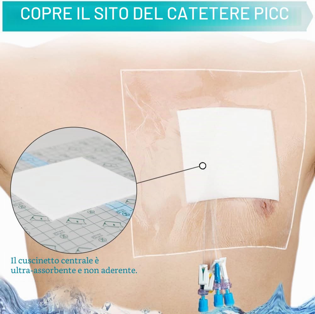 Copertura impermeabile per porta di dialisi, 25,9 x 25,9 cm, protezione per il petto senza colla al centro, accessori per medicazione PICC Line, confezione da 25
