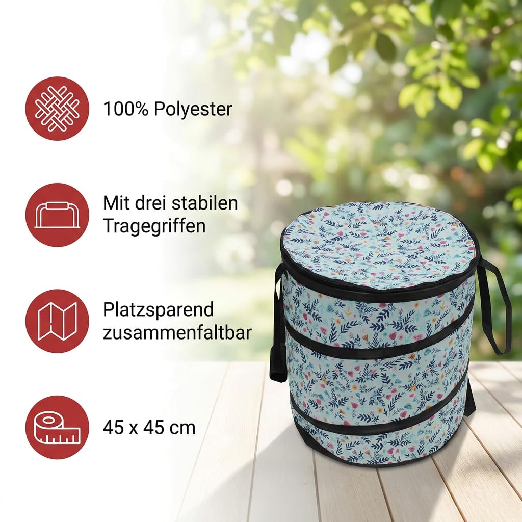 FRANK FLECHTWAREN Laubsammler Floral, 100% Polyester, Ø 45 x 45 cm 80 Liter, 3 Tragegriffe Reißverschluss faltbar, Gartenabfälle