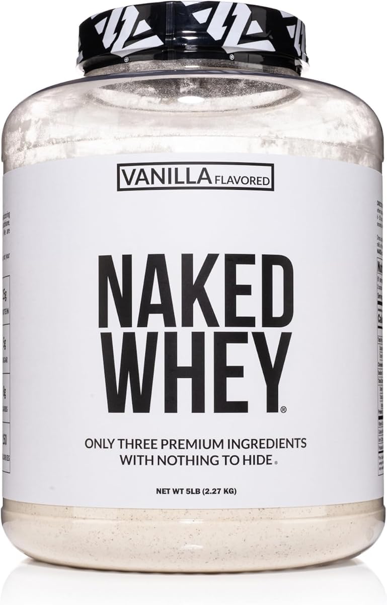 NAKED Vanilla Whey Protein Powder - All Natural Grass Fed Whey Protein Powder, Vanilla Flavor, Organic Coconut Sugar, 5Lb Bulk, GMO-Free, Soy Free, Gluten Free - 61 Servings
