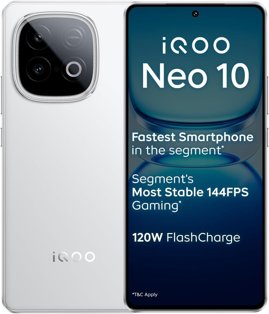 iQOO Neo 10 (Alpine White, 8GB RAM, 256GB Storage) | Segment's Fastest Processor* with Snapdragon 8s Gen 4 & Supercomputing chip Q1 | 120W FlashCharge | Segment's Brightest AMOLED Display*