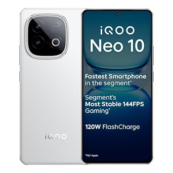 iQOO Neo 10 (Alpine White, 12GB RAM, 256GB Storage) | Segment's Fastest Processor* with Snapdragon 8s Gen 4 & Supercomputing chip Q1 | 120W FlashCharge | Segment's Brightest AMOLED Display*