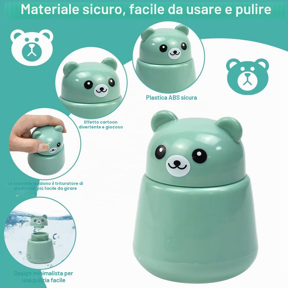 Tritapillole Smericio di Medicina Creativa a Forma di Orso Frantumatore Manuale per Compresse Macinino con Pillola Portatile, Schiaccia i Farmaci in Polvere Fine, Plastica Senza BPA