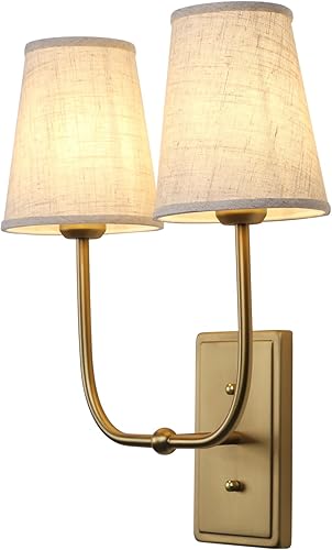 Miniatura 8 de Apliques de pared vintage de 2 luces con embudo de tela de lino, lámpara de tocador de baño de doble cabezal, lámparas de pared interiores para
