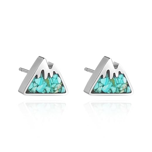 Lauren-Spencer Mountain Stud Earrings for Women Small Tumbled Gemstone Chips Filled Mountain Range Earrings Stainless Steel Snow Mountain Earrings Studs for Girls Jewelry Gift (Crushed Green Turquoise)