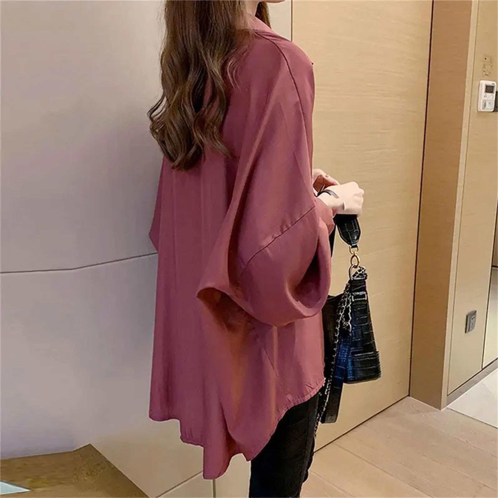 Blusa holgada de color sólido para mujer, cuello vuelto, casual, de un solo botonadura, de retazos, camisa midi