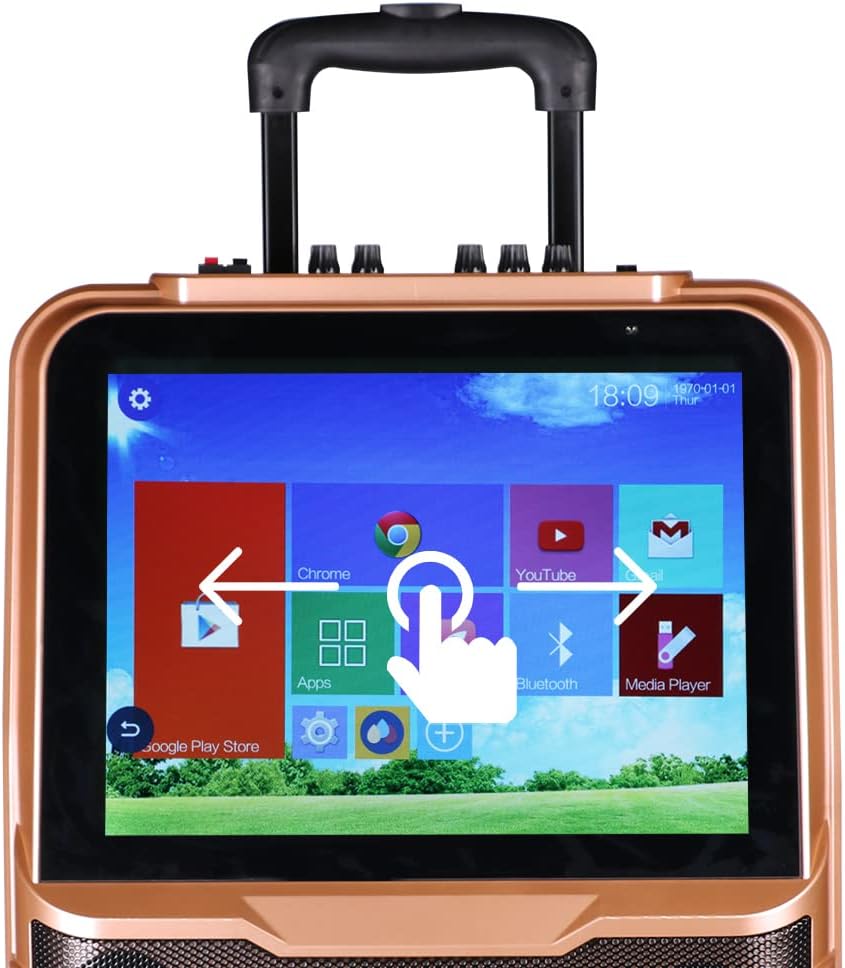 Close-up of the Shinco Karaoke Machine's touch screen interface, showing various app icons and a hand gesture indicating swiping.