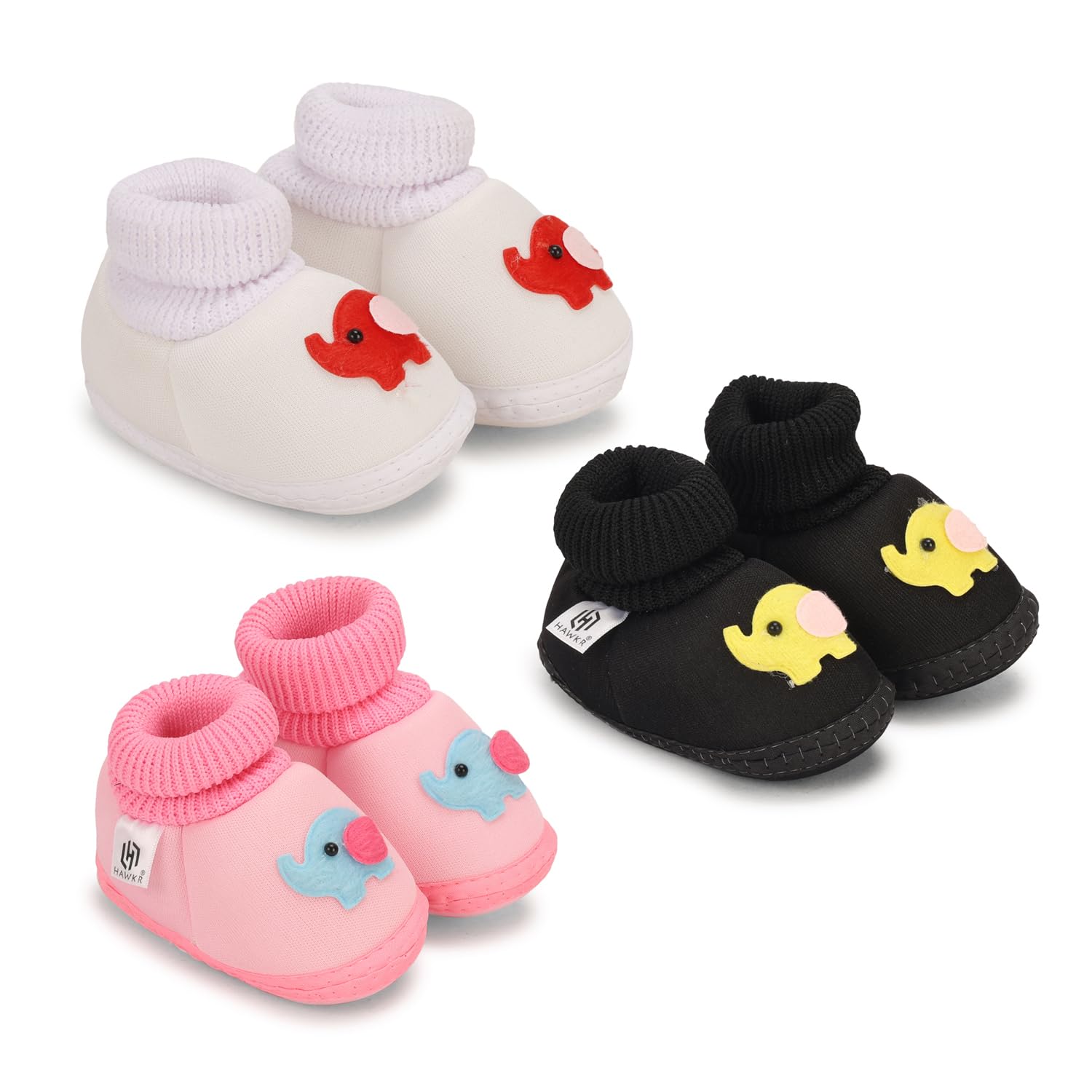 Baby Booties with Elephant Design booties pack of 3, Knit Shoes for Infants, White, Black and Pink, Soft Cotton Material pack of 3 shoes
