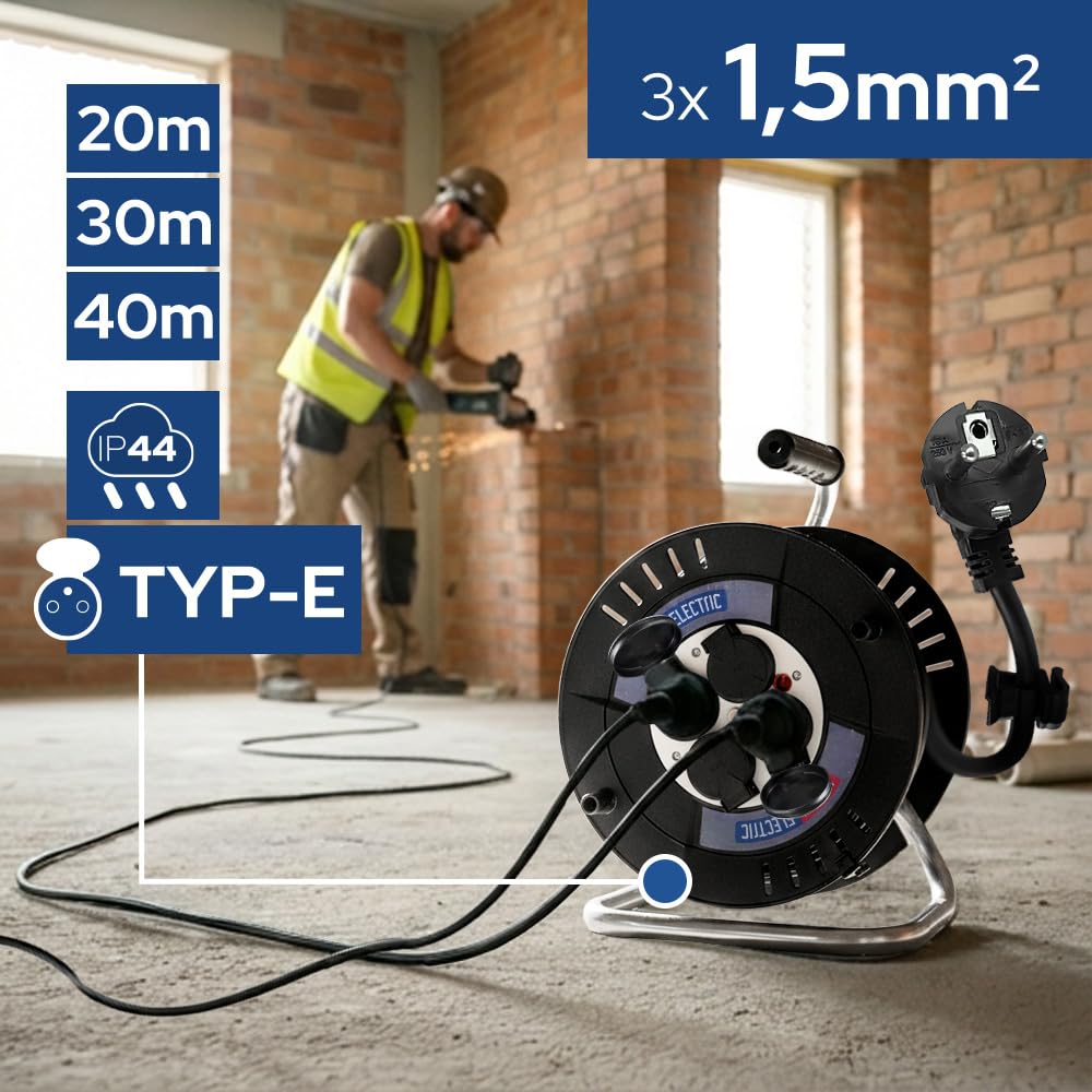 Enrouleur Électrique 20 m 4 Prises Type E avec Terre - Enrouleur Ménager et Rallonge Électrique 3×1,5 mm² 230V IP44 2000W - Enrouleur de Câble d'Exteriéur pour Jardin, Chantier, Garage- Horoz Electric