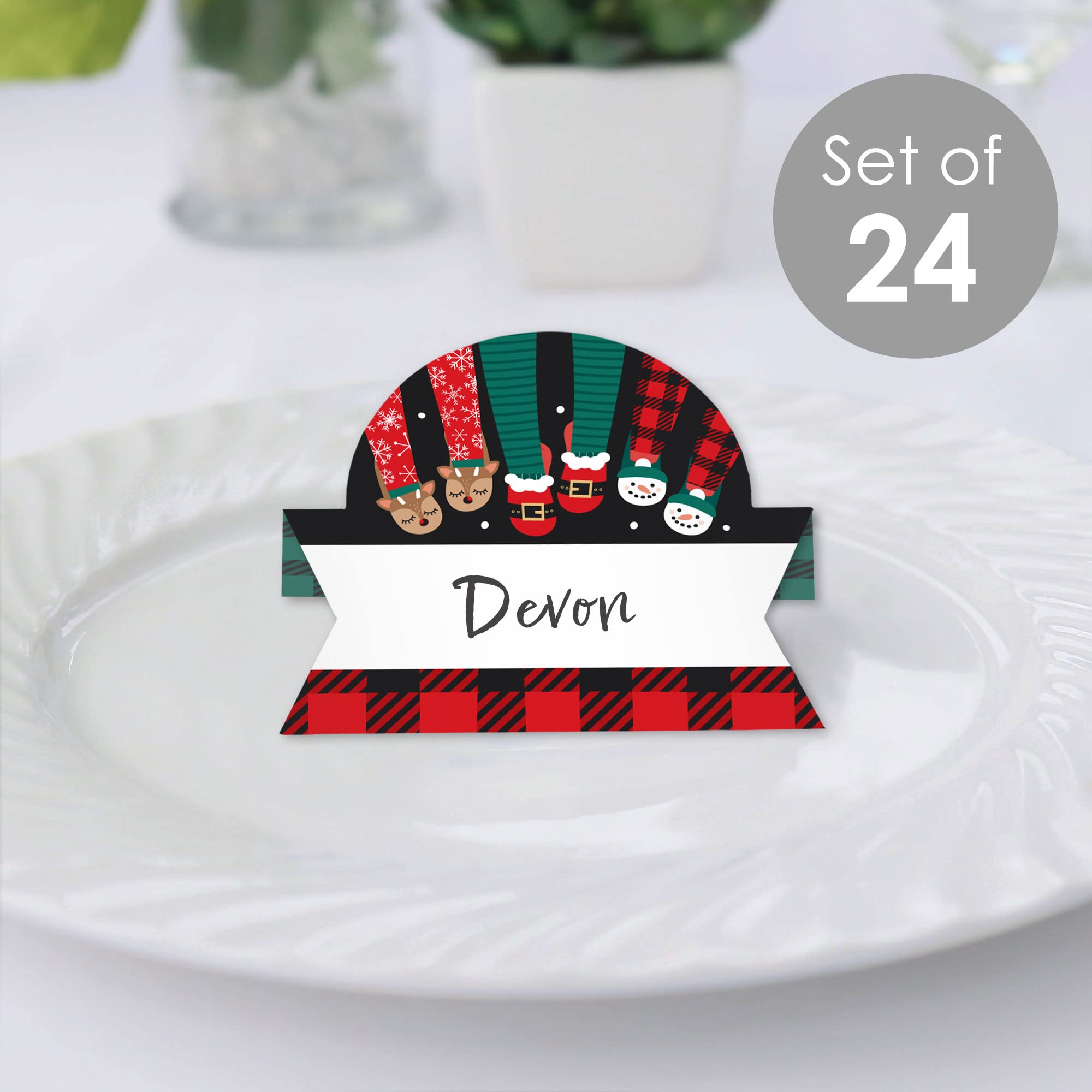 Big Dot of Happiness Christmas Pajamas - Holiday Plaid PJ Party Tent Buffet Card - Table Setting Name Place Cards - Set of 24