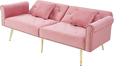 Azkoeesy Elegant Velvet Upholstered 2 Seater Sofa Bed 70" with 3 Adjustment Levels Gold Metal Legs 2 Pillows Rivets (Pink)