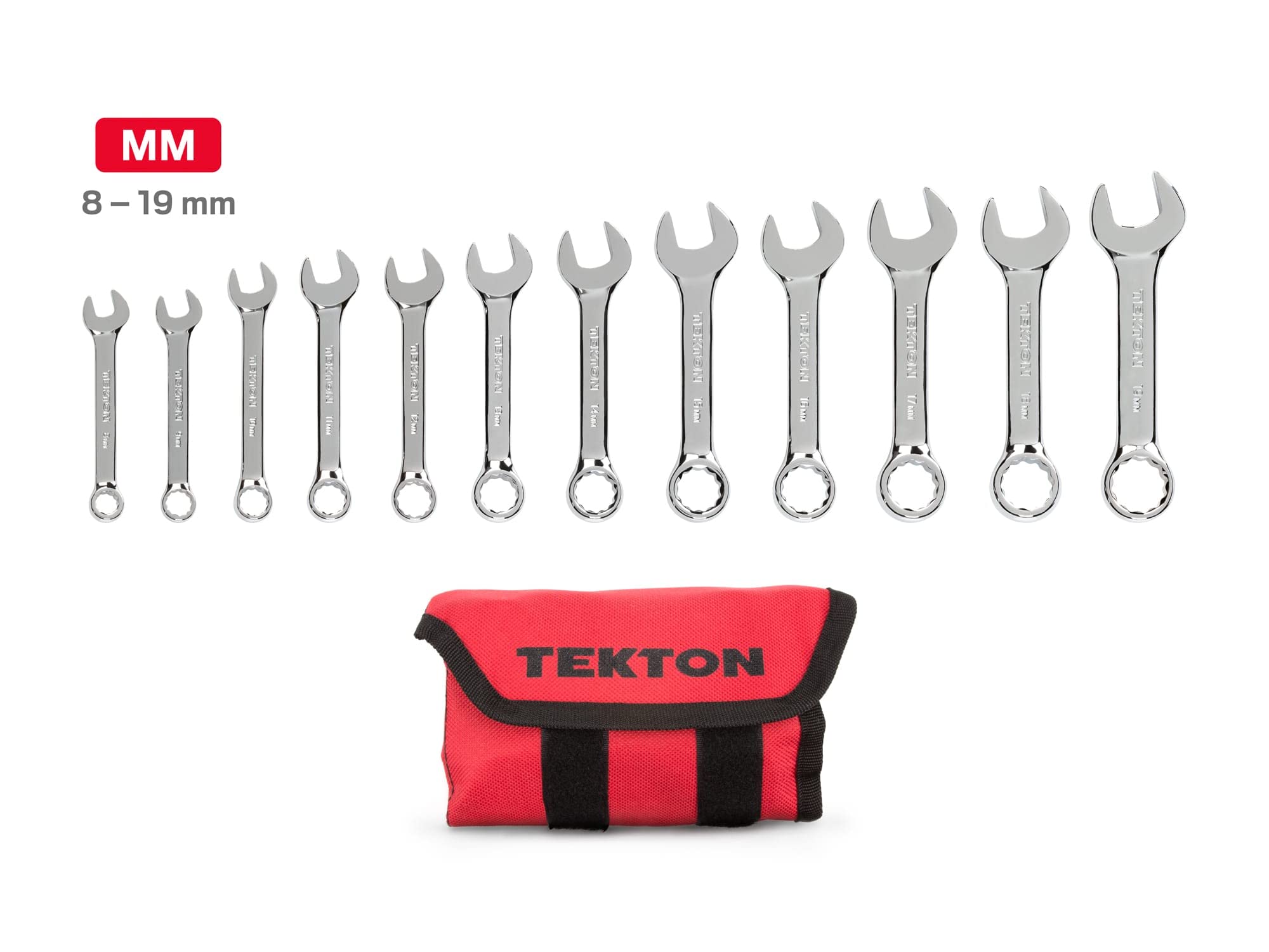 TEKTON WRN01190 - Juego de llaves combinadas con mango ancho y bolsa de almacenamiento enrollable, con dimensiones métricas, 8 mm-19 mm, 12 piezas