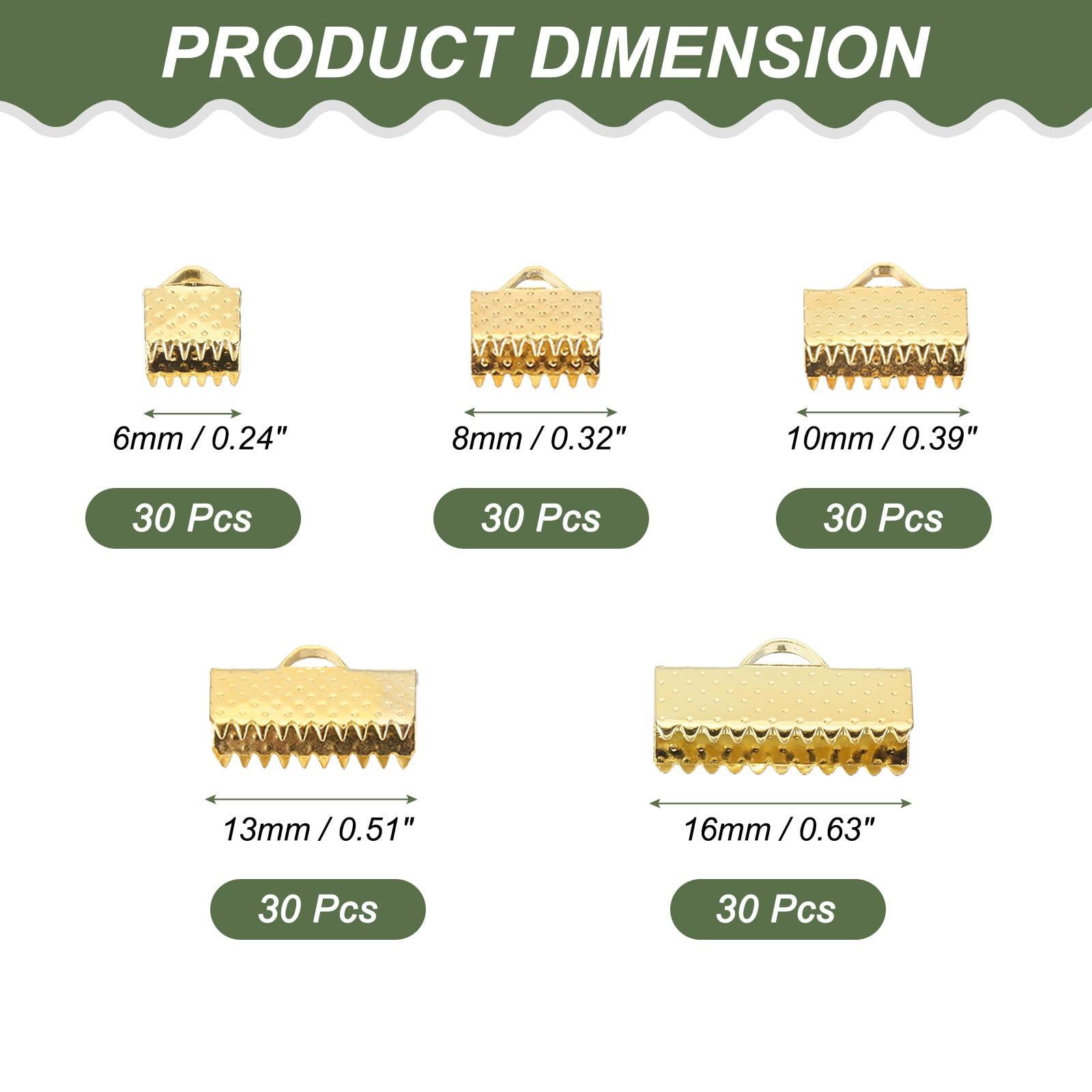 PATIKIL 6mm/8mm/10mm/13mm/16mm Ribbon Ends Crimp Clamp 150pcs Pinch Crimp End Bracelet Bookmark Cord Ends Fasteners Clasp for Leather DIY Craft Jewelry Making Gold - Image 2