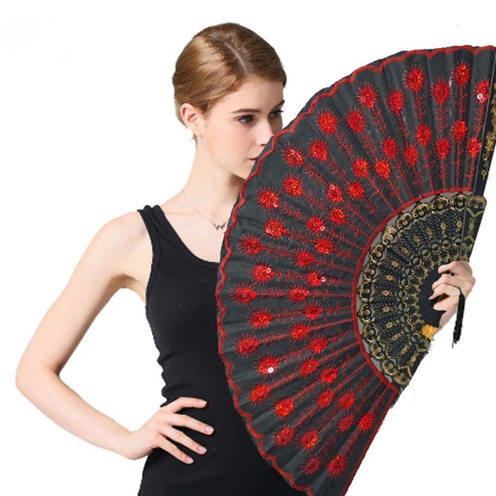 RWRAPS Abanico Plegable Abanicos de Tela de plástico Abanico de Mano Plegable Flor Boda para Fiesta Celebrada Patrón de Danza Estilo Abanico de Danza de Mano española Tetera (D)