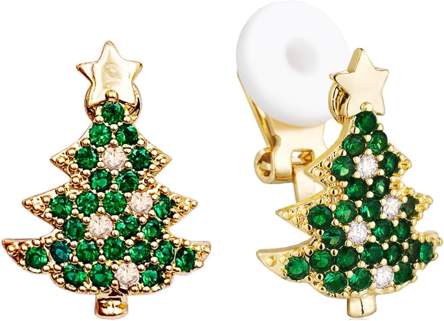 SELOVO Green Christmas Tree Shape Women Clip on Earrings Stud Green Crystal Gold Tone