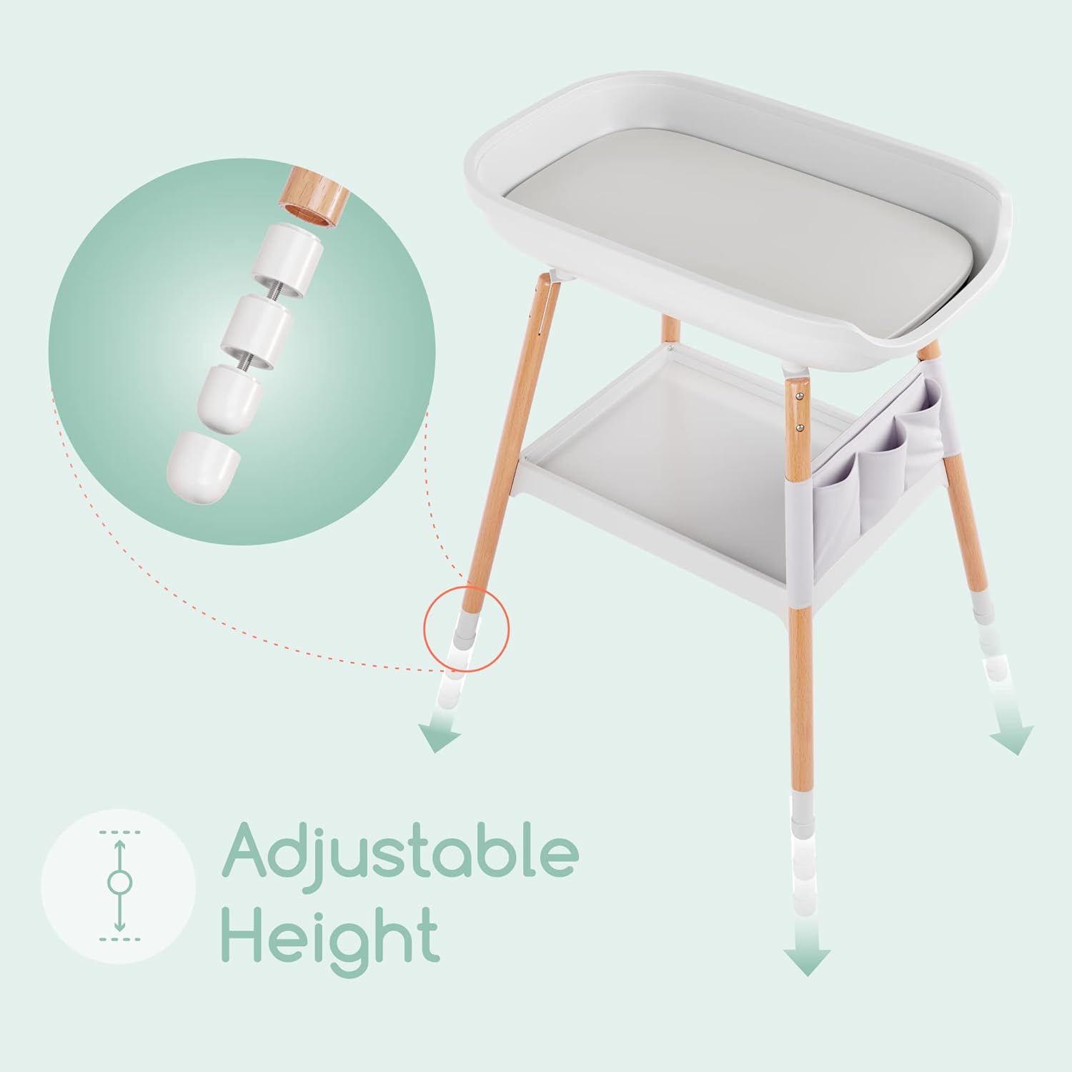 White and Beech Wood Diaper Changing Table with Storage