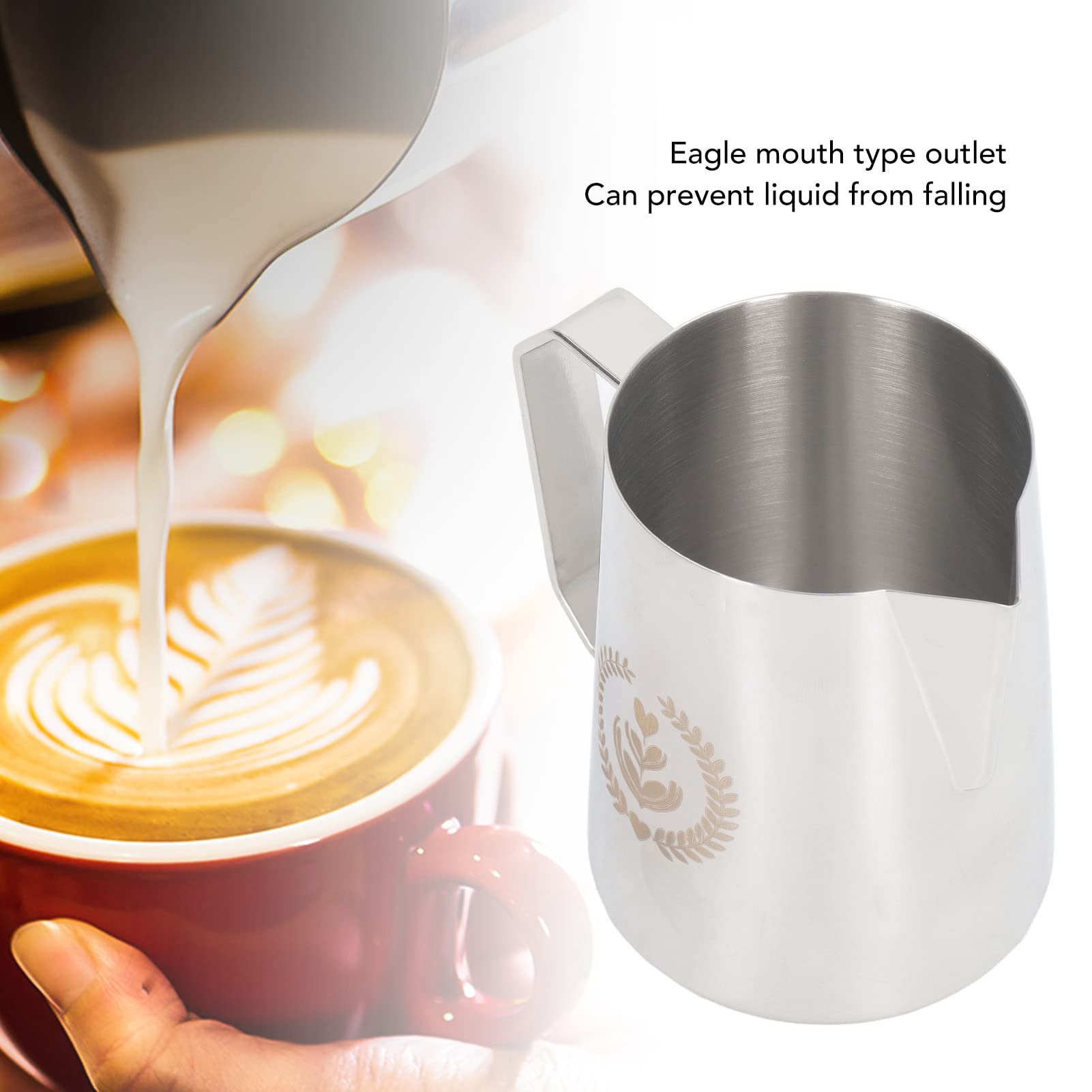 Zerodis Jarra para Espumar Leche, Taza de Espuma de Leche de Acero Inoxidable de 600 Ml con Boquilla de águila, Ergonómico, Antiderrames, Taza de Barista para café en Casa, Capuchino (Color Original)
