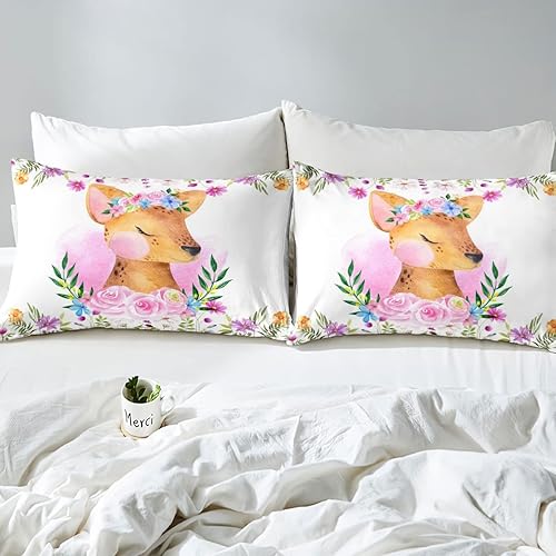 Miniatura 6 de Lindo juego de edredón de ciervos para niñas, rosas rosadas, juegos de ropa de cama y colecciones con temática de animales, edredón de flores
