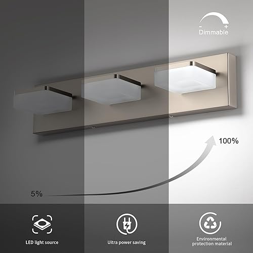 Miniatura 5 de Luces de tocador de níquel cepillado para baño, lámpara de tocador de 3 luces, apliques de pared LED regulables, luz diurna 5500 K, elegantes