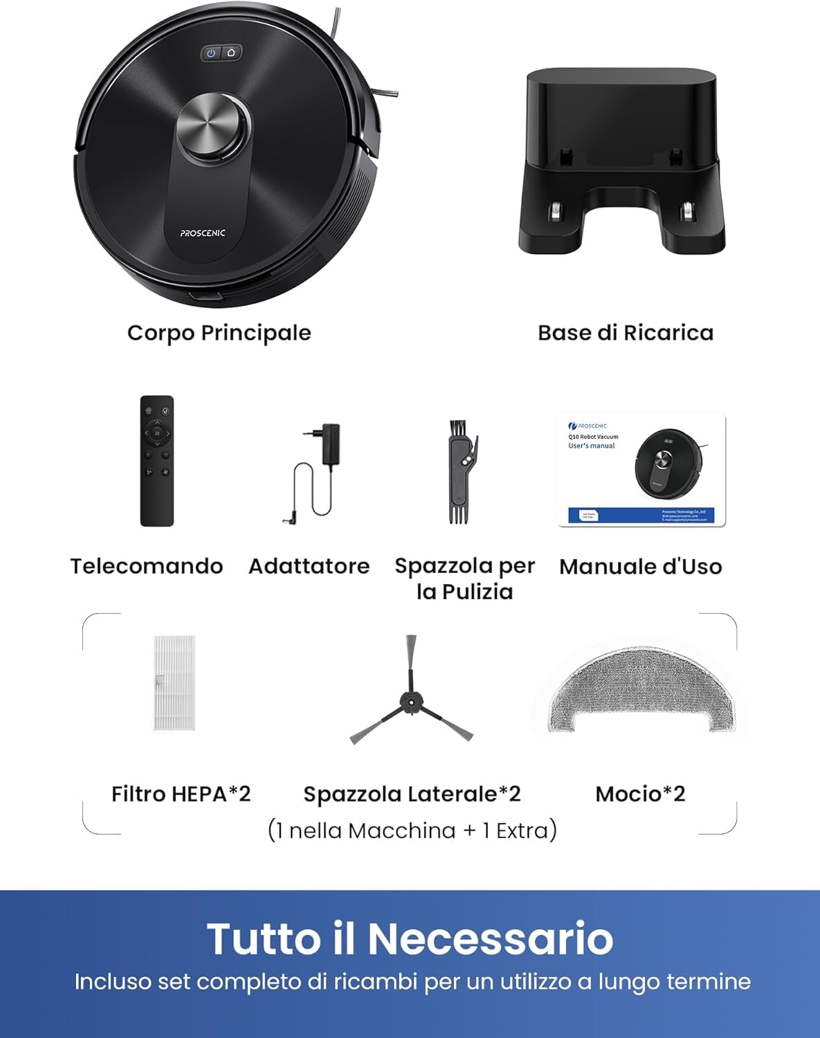 Proscenic Q10 Robot Aspirapolvere Lavapavimenti con Mappatura, Robot Pavimenti 10000Pa 200min, LiDAR Intelligente, Controllo APP/Alexa/WiFi/Siri/IFTTT, Ideale per Pulizia Domestica/Peli Animali