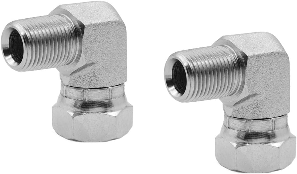 (2-PACK) 1501-06-08 Hydraulic Hose Adapter Fitting 3/8" Male (3/8"-18NPTF) × 1/2" Female (1/2"-14NPSM) Swivel 90° Elbow SAE Pipe Joints Tube Connector Carbon Steel