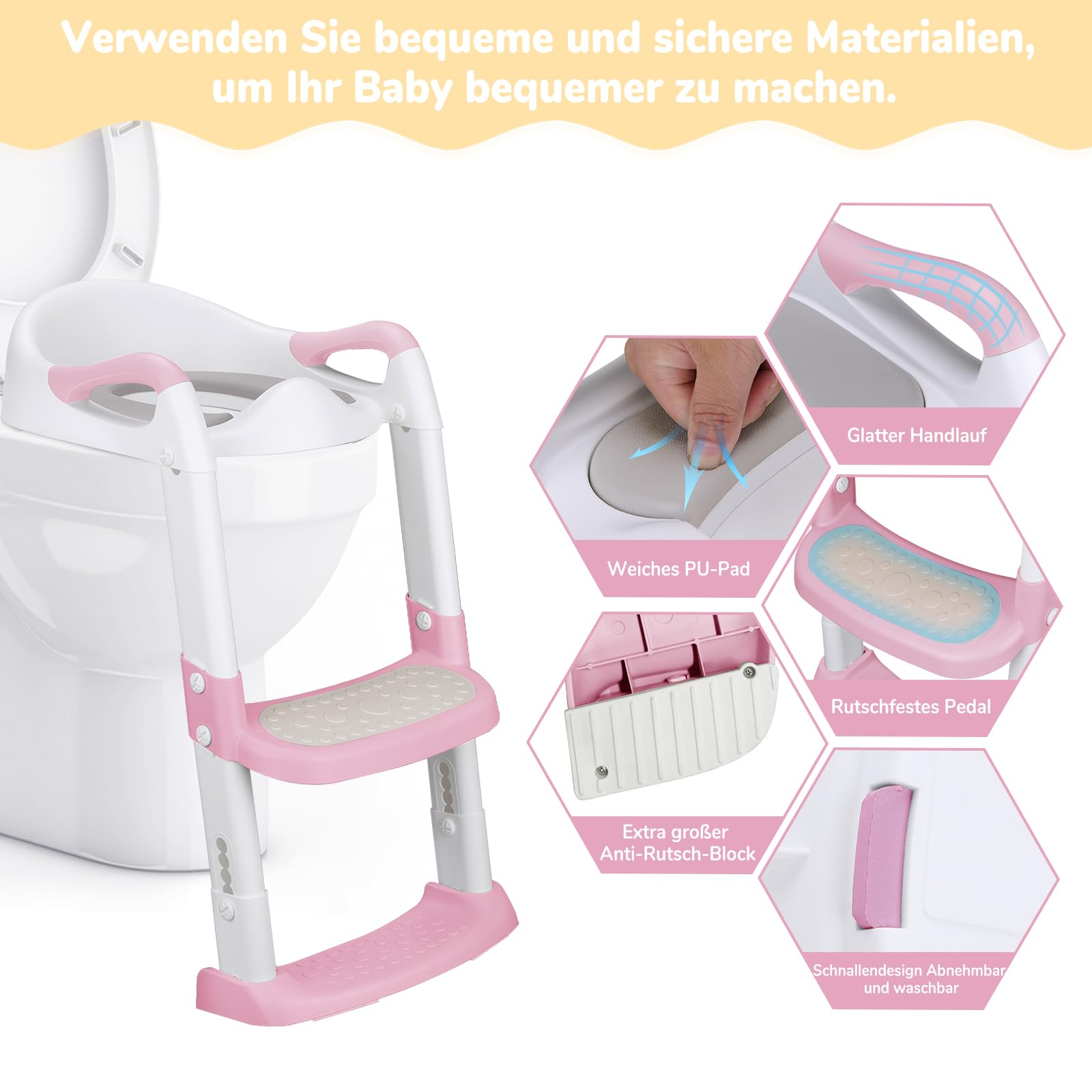 DEANIC Riduttore WC Bambini con Scaletta, Scaletta WC per Bambini Pieghevole, Adattatore wc per Bambini Cuscino morbido PU, Applicabile All'altezza Della Toilette 38-47cm (Rosa)