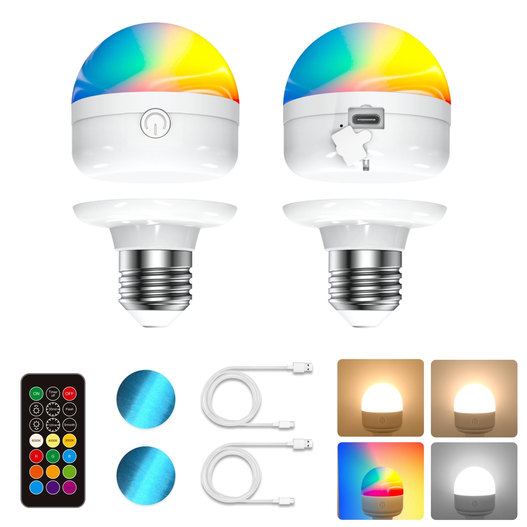 USB-C Wiederaufladbare Glühbirne E27, 12 RGB 3 Farben Glühbirne mit Fernbedienung Aufladbar, 7W glühbirne E27 Dimmbar, Timing-funktion, Notlicht Mit Magnetische für Camping Party Zimmer, 2 Stück
