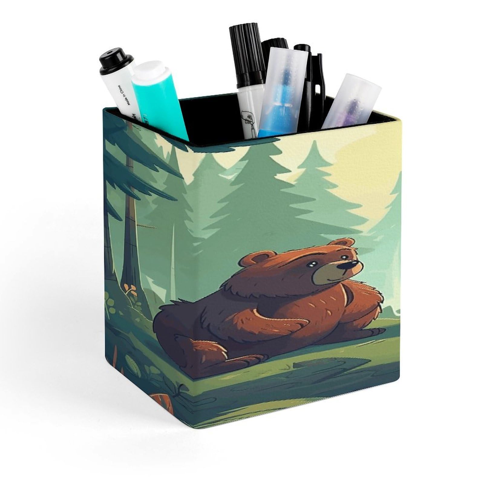 FekiLoot Hand Drawn Bear Pencil Holder for Desk Square Leather Pen Holder Cup Desktop Organizer Multi-Functional Pencil Cup Holders Modern Decorative Desk Organizer Caddy Makeup Brush Holders