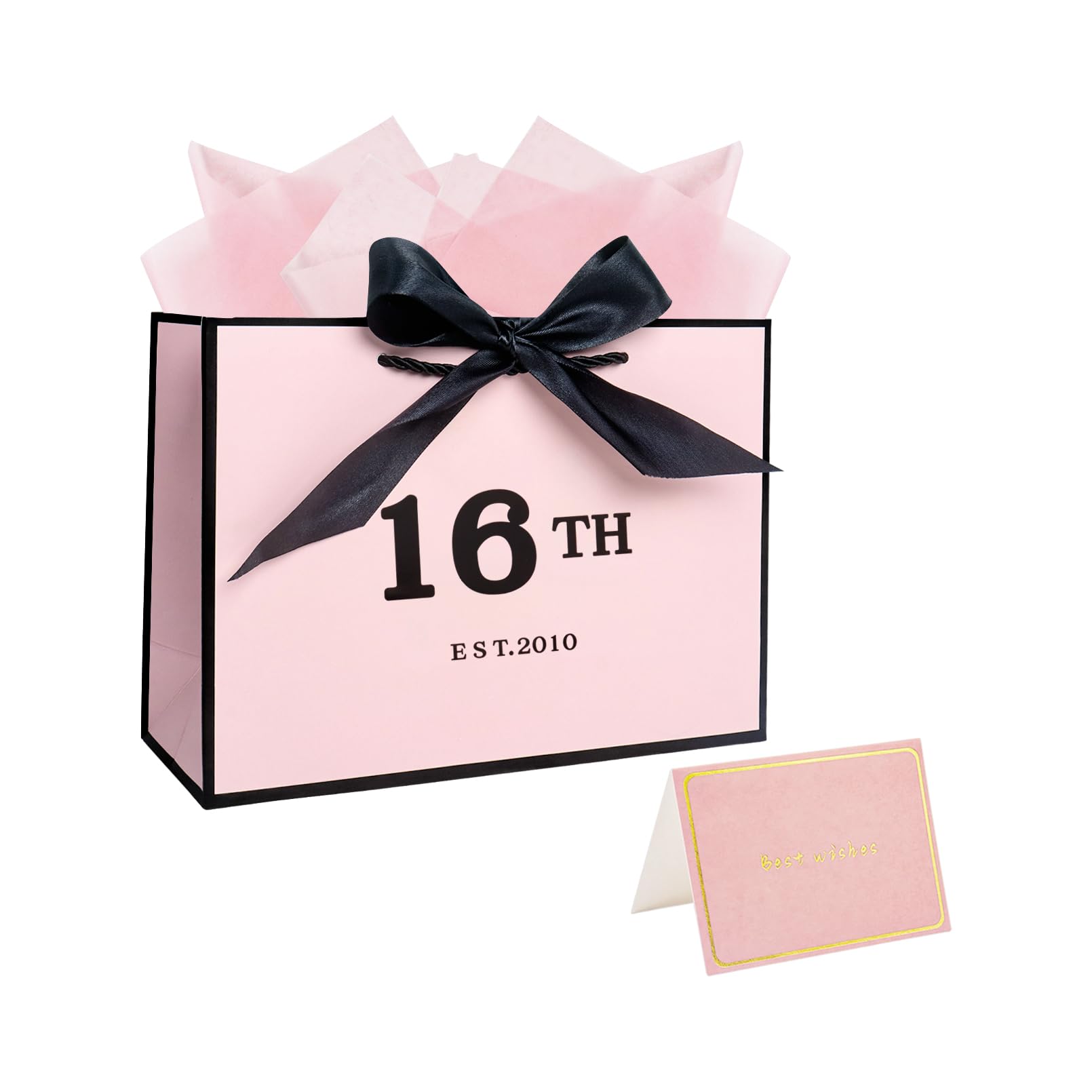 11.0× 8.0× 4.0 Inches 16th Birthday Gift Bag with Tissue Paper and Card, 16 Year Old Birthday Gift Wrapping Bag for Girls — image 1