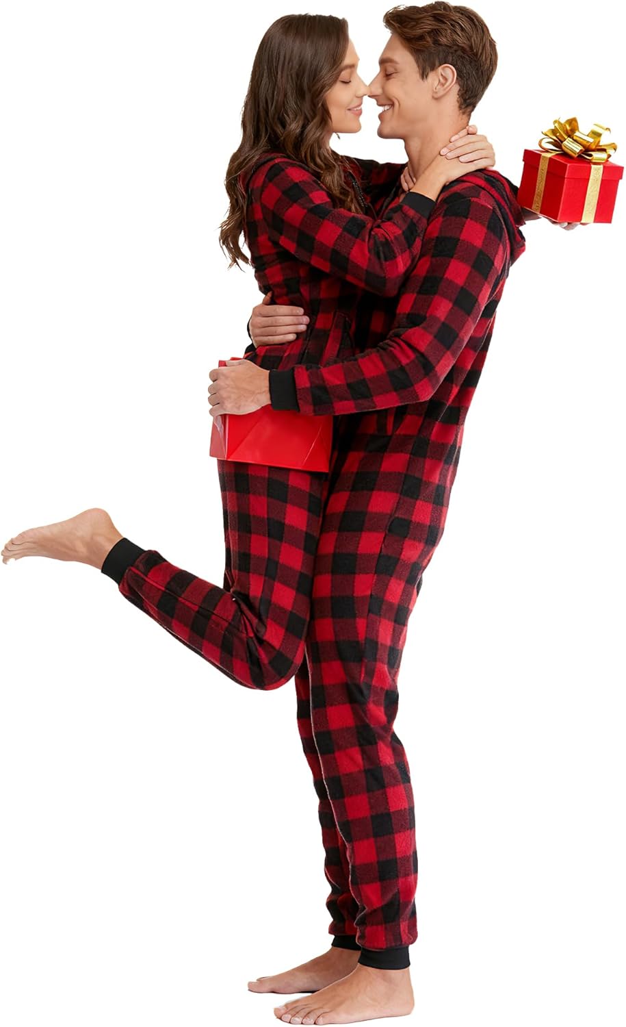 COLORFULLEAF Matching Couple Fleece Onesies with Hood - Plaid Christmas Pajama Set, Warm Zipper Jumpsuit Pjs for Women & Men - Image 6