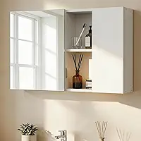 Armário de Banheiros com Espelho, Armário de Parede com Espelho e Prateleiras Internas, Organizador de Banheiro com Porta de Abertura Lateral, Ideal para Banheiro e Lavabo, Cor Branca