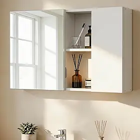 Armário de Banheiros com Espelho, Armário de Parede com Espelho e Prateleiras Internas, Organizador de Banheiro com Porta de Abertura Lateral, Ideal para Banheiro e Lavabo, Cor Branca