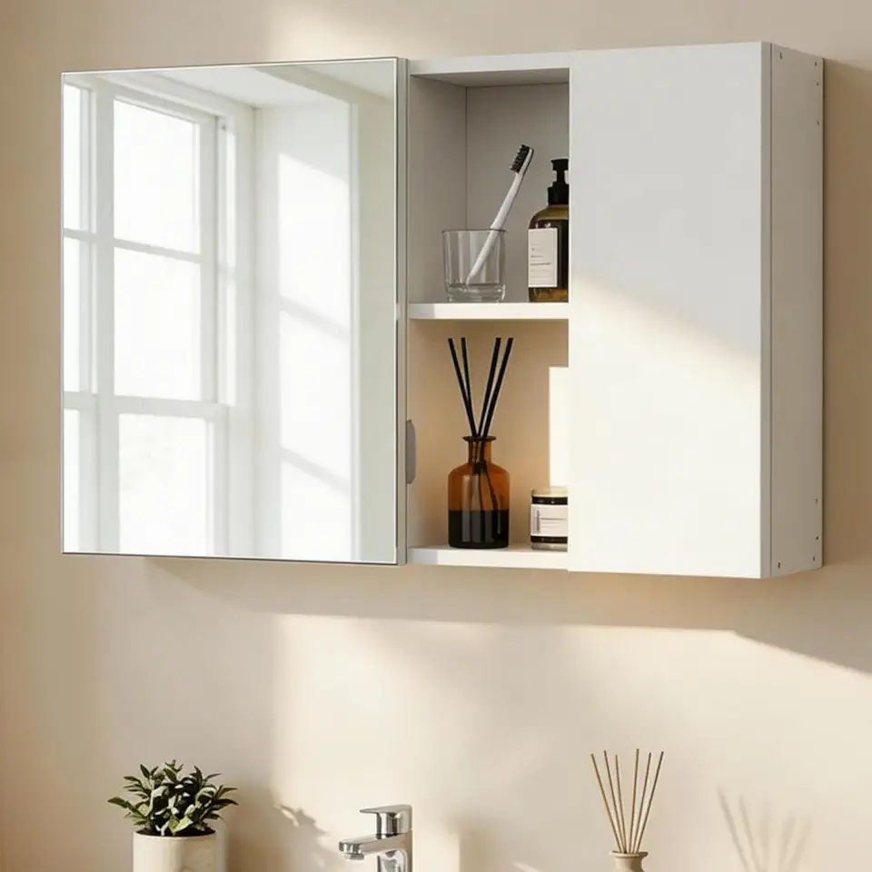 Armário de Banheiros com Espelho, Armário de Parede com Espelho e Prateleiras Internas, Organizador de Banheiro com Porta de Abertura Lateral, Ideal para Banheiro e Lavabo, Cor Branca