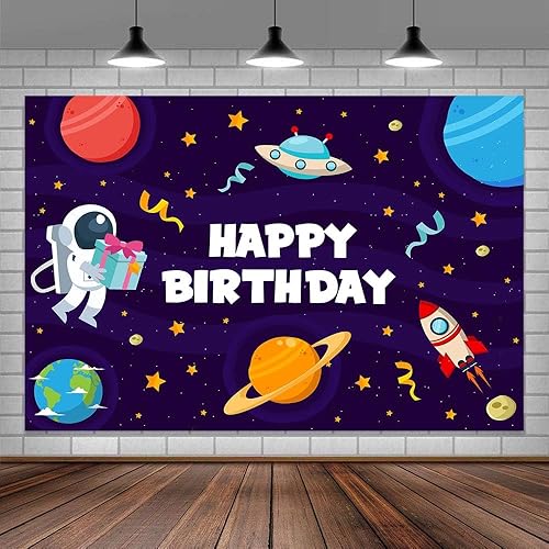Miniatura 7 de Telón de fondo de feliz cumpleaños, 7 x 5 pies, galaxia con purpurina para niños, astronauta, fotografía de nave espacial, fondo de tela, universo