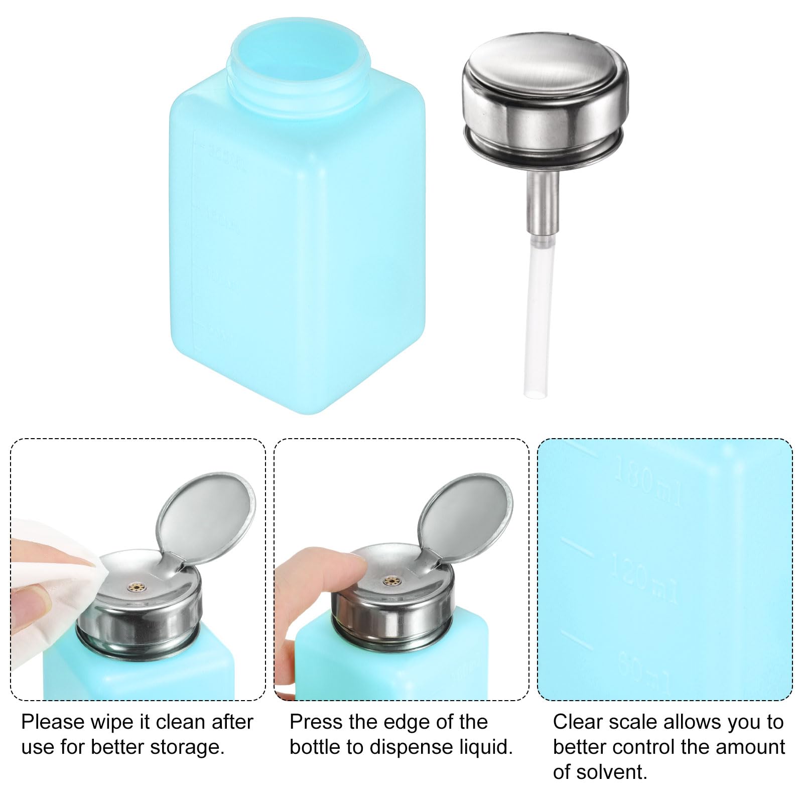 QUARKZMAN 5 Pezzi Dispensatore Di Alcool A Solvente 200ml (6.7oz) Bottiglia Dispensatrice A Pompa Premibile Per Soluzione Acetone Con Testata In Acciaio Inox Per Rimuovere Smalto, Blu