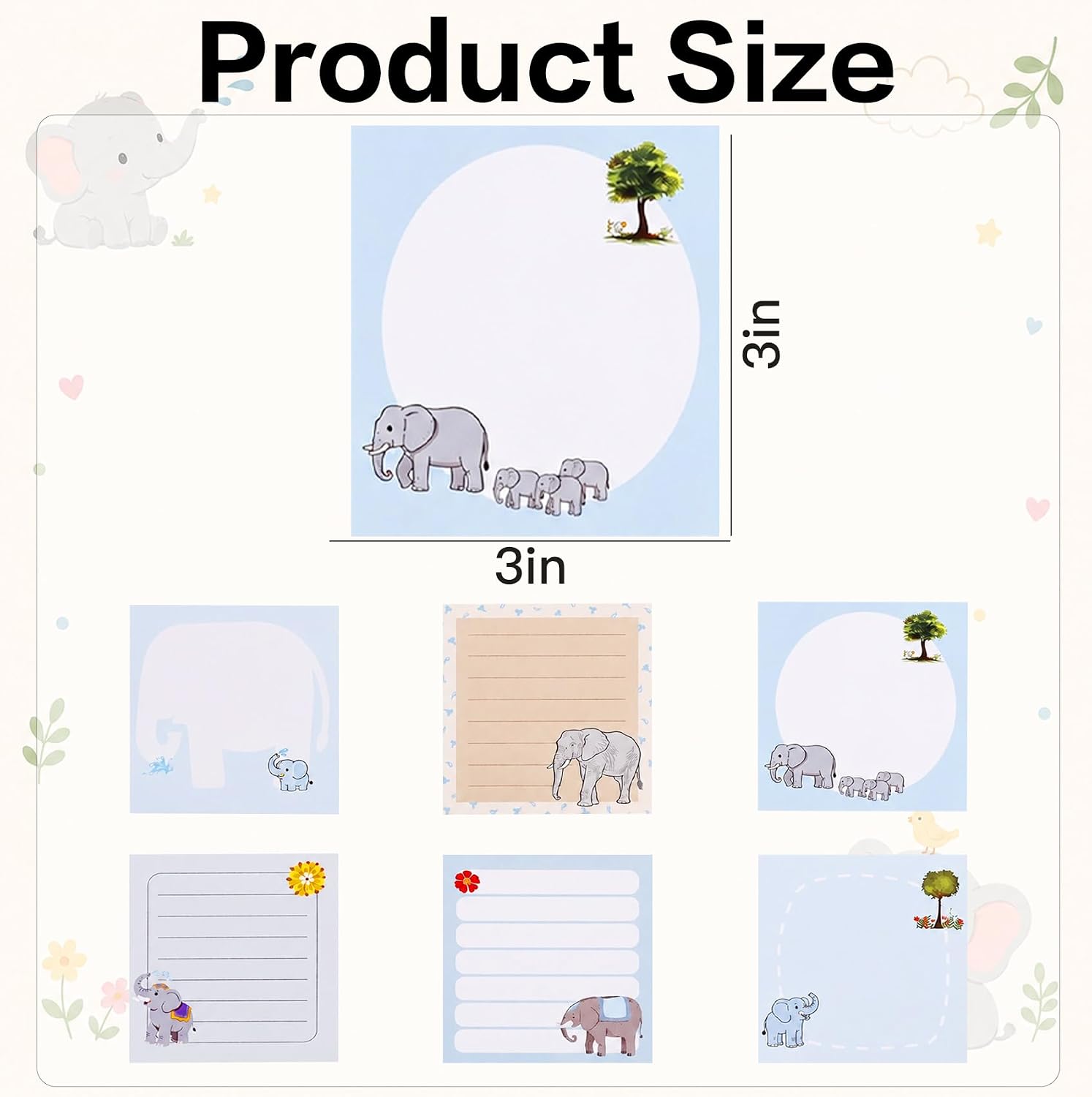 Sticky Notes 3x3 Cute Sticky Notes Elephant Self-Stick Stickies 80 Sheets 6 Pads Funny Animals Note Pads Teacher Back to School Supplies and Oﬃce Products image 2
