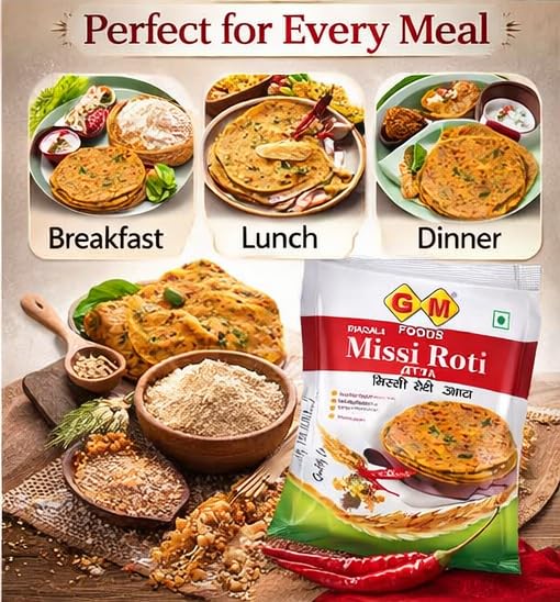 Image of GM Foods 400 Grams Missi Roti Atta | Spiced with Indian Seeds & Herbs | Rich in Protein, Vitamins, Minerals & Micronutrients | Healthy and Tasty | No Artificial Color or Preservatives