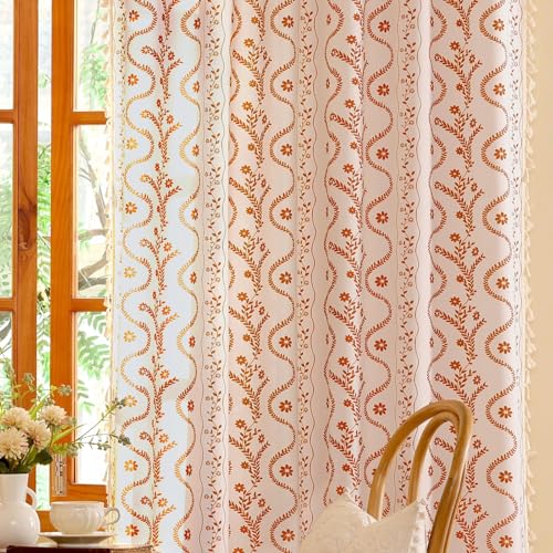 Image of Short Cafe Curtains for Small Window 45 Inch 2 Panels,Beige Floral Terracotta Boho Kitchen Curtain,Mid Century Bedroom Drapes with Tassel Decor,Beige and Rust Orange