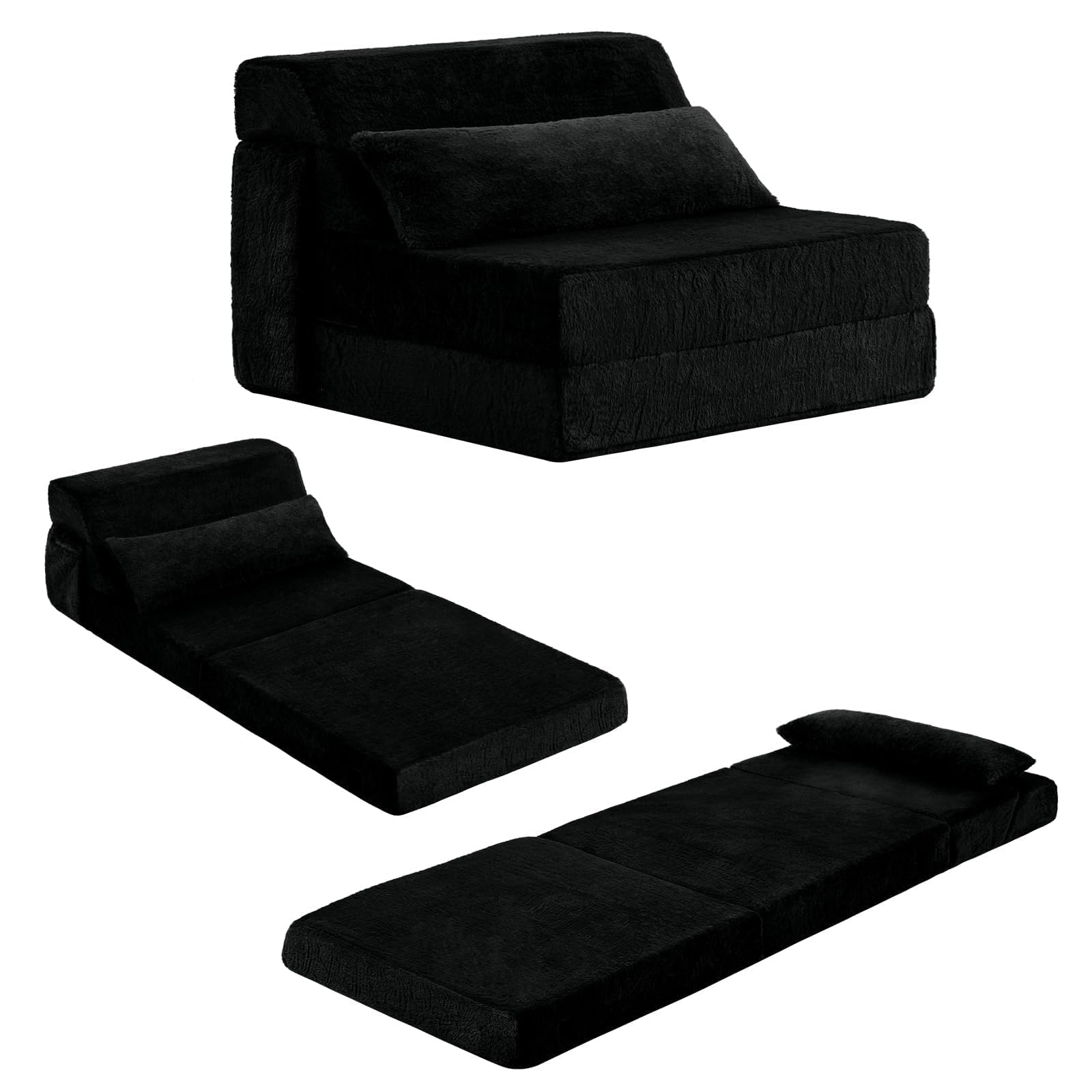 SESHINELL Folding Sofa Bed with Pillow, 4-in-1 Floor Couch Sleeper Chair, Fold Out Guest Mattress Chair Bed with Side Pocket, Boneless Couch for Living Room, Dorm, Home Office, 70X200X12.5CM, Black — image 1